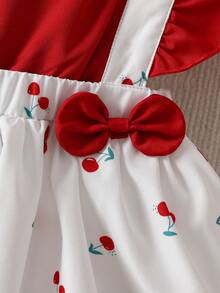 SHEIN Playful Pals Baby Girl Bow Decor Ruffle Trim Square Neck Dress - Red - View 4