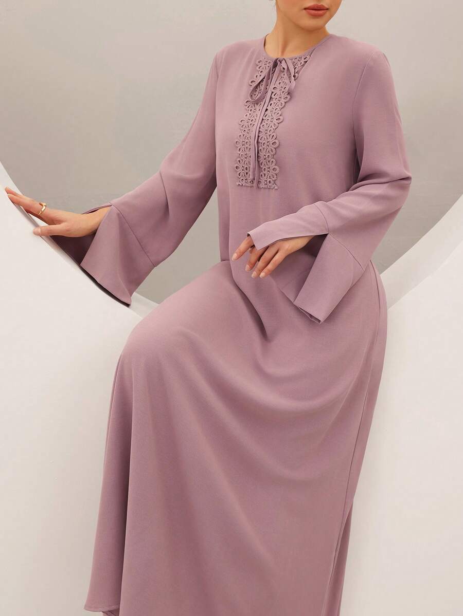 Graceveil Women's Solid Color Embroidered Twist Long Sleeve Dress, Elegant Holiday Shades Of Pink Autumn - Purple - View 1