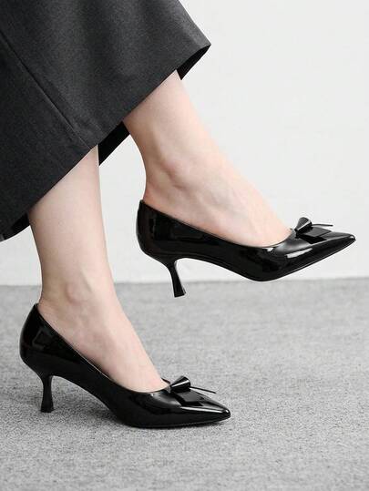 CUCCOO BIZCHIC 女士高跟鞋，尖头蝴蝶结黑色漆皮高跟鞋，女士通勤百搭细高跟鞋，优雅气质职业鞋