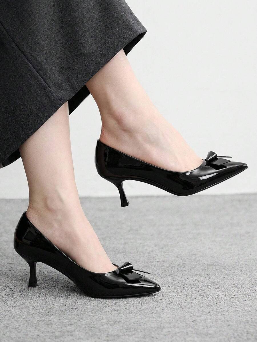 CUCCOO BIZCHIC 女士高跟鞋，尖头蝴蝶结黑色漆皮高跟鞋，女士通勤百搭细高跟鞋，优雅气质职业鞋 - 黑色 - 查看 1