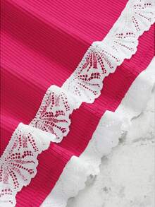 ROMWE Ribbed Lace Camisole And Shorts Casual Pajama Set - Hot Pink - View 3