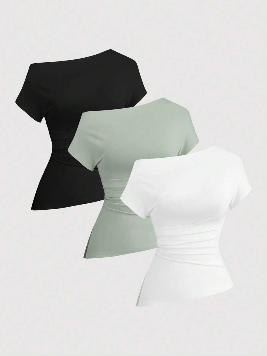 Sweetra 3pcs Women's Casual Everyday Commute Solid Color Asymmetrical Neck Ruffle Fitted T-Shirts, Summer - Multicolor - View 1