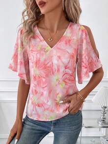 SHEIN Clasi 女士V领印花荷叶袖开衩下摆衬衫 - 粉色 - 查看 6