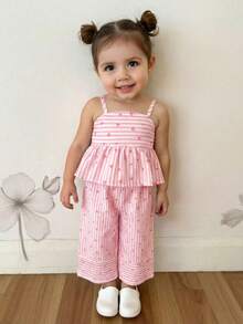 Babygirl Cute Vacation Casual Striped Bow Decor Camisole & Elastic Waist Pants Set - Baby Pink - View 1