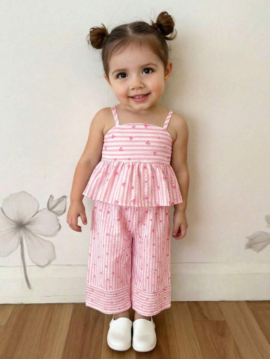 Babygirl Cute Vacation Casual Striped Bow Decor Camisole & Elastic Waist Pants Set - Baby Pink - View 1