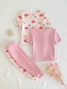 SHEIN Bộ 4 món đồ ngủ tối giản dễ thương màu hồng và mơ in hình ngôi sao, trăng, mây, cổ tròn, tay ngắn, chất liệu thun co giãn, ôm sát, gồm áo và quần. - Hồng - Xem 2