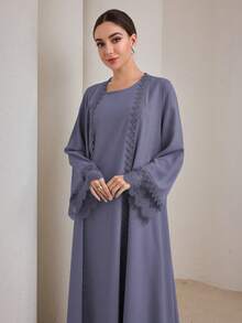 Graceveil 2pcs Women Traditional Long Dress & Abaya Coat Set Modest - Dusty Blue - View 3