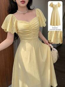 Modelyn 女士黄色梭织短袖收腰A字褶皱优雅浪漫中长连衣裙，春夏款 - 黃色 - 查看 4