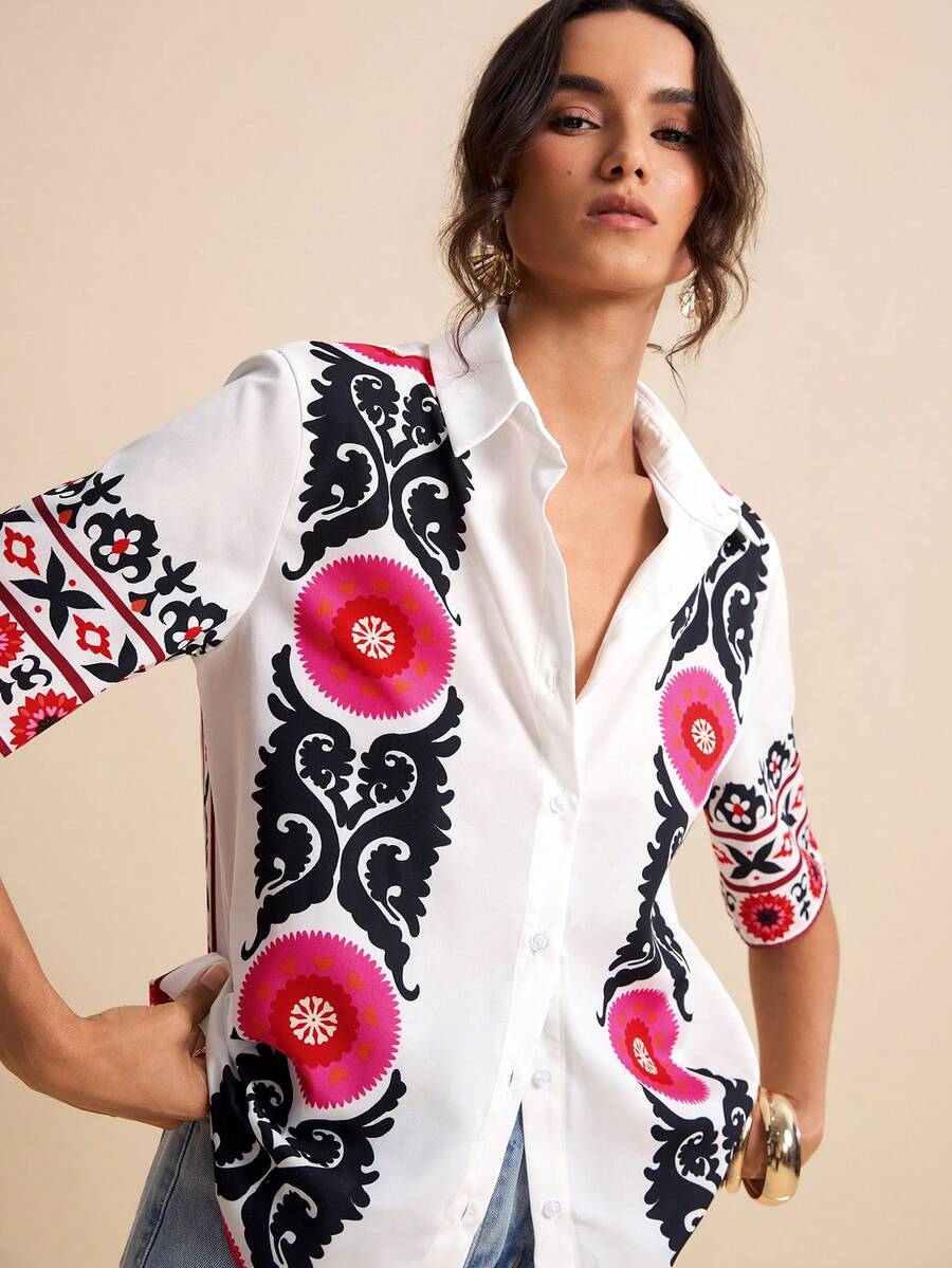 LOTSLUV Áo sơ mi ngắn tay cài một hàng khuy phong cách Bohemian màu đen và đỏ in họa tiết totem dành cho nữ, thích hợp cho kỳ nghỉ xuân/hè. - Đỏ và trắng - Xem 1
