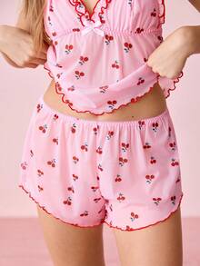 Cherry Print Ruffled Strap Top & Shorts Loungewear Set - Pink - View 7