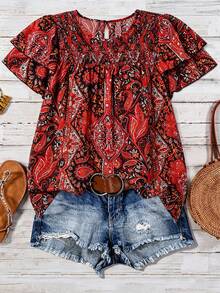SHEIN LUNE CURVE Áo kiểu nữ cỡ lớn, màu trơn, cổ tròn, tay hai lớp, ngắn, kiểu dáng thường ngày, xếp ly, thời trang, đa năng, thích hợp cho kỳ nghỉ hè. - Đỏ - Xem 3
