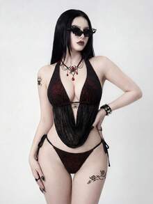 ROMWE Goth Bộ đồ bơi tankini gợi cảm buộc dây cổ, họa tiết mạng nhện, dành cho nữ, thích hợp mặc đi biển mùa hè. - Đỏ - Xem 3