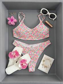 SHEIN Swim Mod 夏季海灘女士假期花卉印花簡約時尚比基尼套裝，配有分離式泳裝 - 彩色 - 查看 10