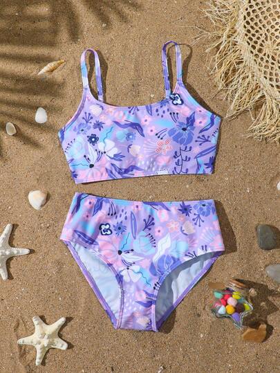 少女热带花卉印花比基尼套装 - 紫色和粉色，可调节细肩带上衣，保守三角泳裤带衬里，舒适时尚，适合游泳、泳池、冲浪、度假、假日、海滩等场合。