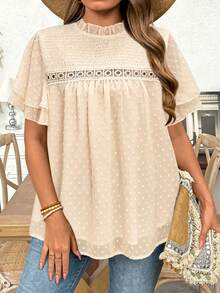 Ceyna Plus Size Ruffle Collar Short Sleeve Blouse, Spring/Summer Ruffle Neck Blouse Blouse For Women Blouse For Women Summer Short Sleeve Top - Apricot - View 4