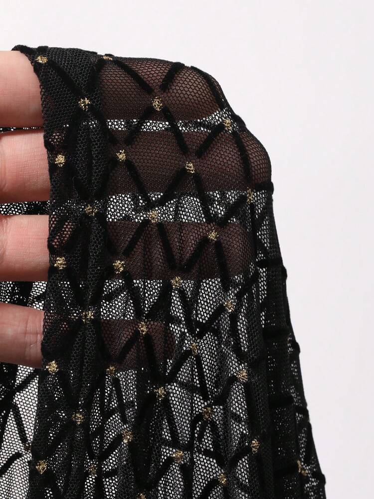 Dazy Plus Spring & Summer Hollow Shiny Rhinestone Textured Plaid Black Lace Blouse, Suitable For Valentine's Day, Wedding, Party, Banquet, Fashion Event, Slim Fit Elegant Commuter Thin Mesh Square Neck Front Tie Long Sleeve Plus Size Women Top
