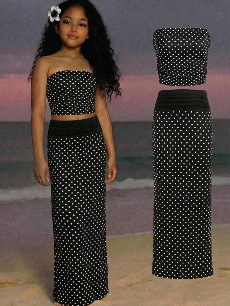 SHEIN 少女度假沙滩波点印花抹胸上衣和迷你裙套装 - 黑色 - 查看 1
