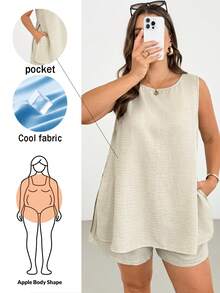 Shapeblank Bộ đồ hai mảnh thời trang xuân/hè cho nữ cỡ lớn, kiểu dáng rộng rãi, thoải mái, mát mẻ, tôn dáng, không tay, xẻ tà và quần short, màu mơ, trang phục mùa hè, trang phục đi nghỉ mát, phong cách đơn giản, mùa hè châu Âu. - Màu be - Xem 5
