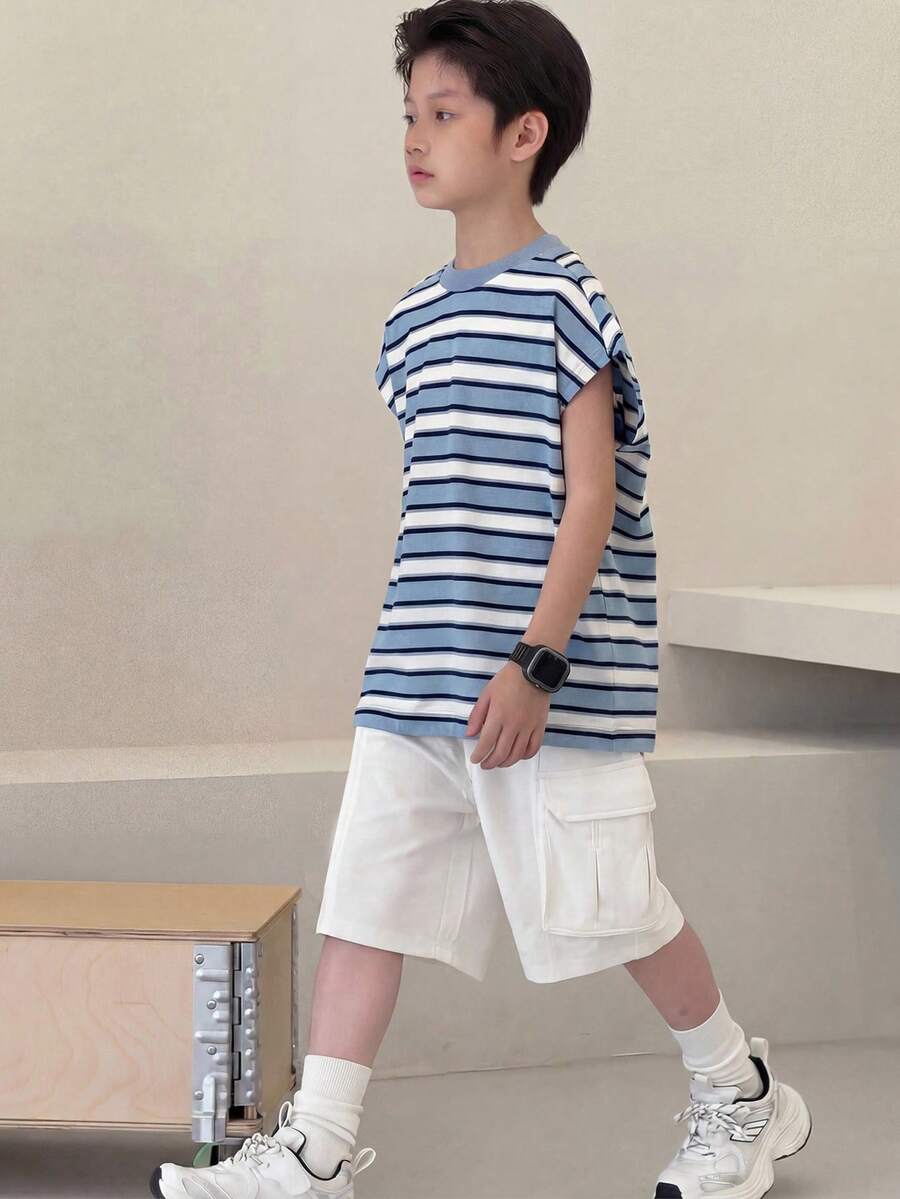 2件套儿童/青少年男童休闲韩版条纹印花连帽短袖卫衣和纯色短裤两件套，春夏套装