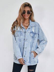 Selenza Plus Size Casual Washed Distressed Denim Jacket - Blue - View 4