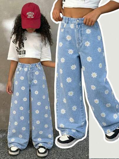Genkimix Kids Tween Girls Denim Jeans All Season Cute Casual Style Light Blue Denim Color Daisy Full Print Elastic Waistband Vintage Washed Process Loose Wide Leg Comfortable Cotton Denim Daily Versatile T Shirt Matching School Travel Spring Summer Outdoor Kids Clothing
