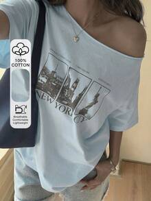 少女女神字母图案斜肩短袖T恤 - 淺藍色 - 查看 1