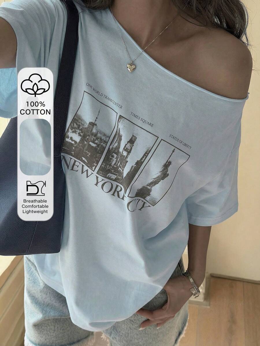 少女女神字母图案斜肩短袖T恤 - 淺藍色 - 查看 1