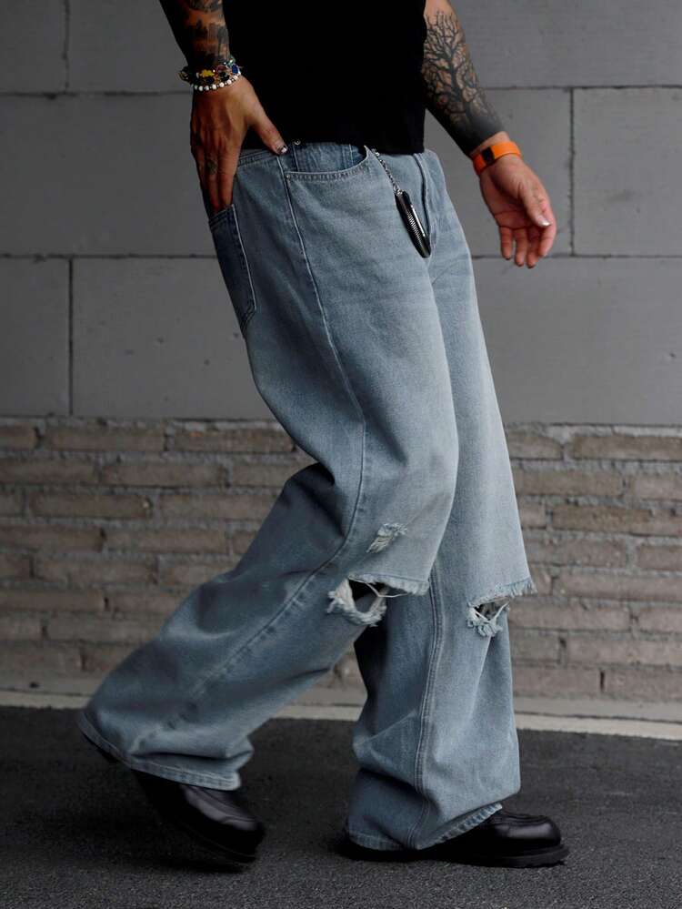 Men's Distressed Long Blue Denim Jeans, Suitable For Spring And Autumn