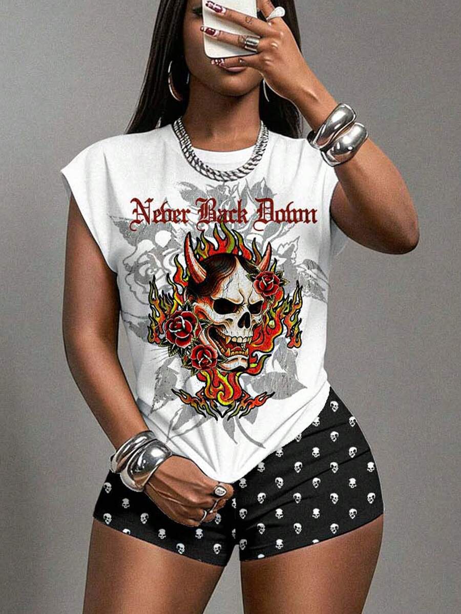 Slaydiva 春夏新款修身街头休闲性感圆领无袖T恤+迷你性感短裤女式两件套/休闲简约基础款/Y2K/街头风/街头甜美/网红热销/日常约会/辣妹风/性感/夜店/返校/外出/嘻哈/网络爆款/颓废风/唇十字架图案/日式骷髅印花 - 彩色 - 查看 1