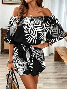 Breezaya Hawaiian Style Boho Ruffled Off Shoulder Romper Holiday Beach Holiday Black And White Floral Summer - Multicolor - View 5