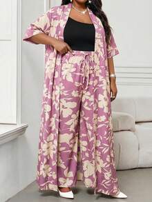 SHEIN Lady Pink Modest Summer Plus Size Dress For Women Floral Print Open Front Cardigan With Matching Wide Leg Trousers - Pink - View 6