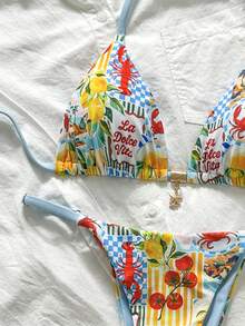 Swim Mod Bộ bikini nữ gồm dây chuyền in họa tiết ngẫu nhiên, trang sức kim loại, thích hợp cho mùa xuân/hè. - Nhiều màu - Xem 5