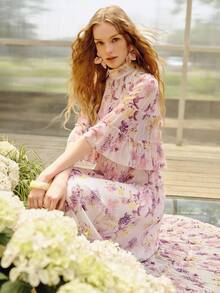 MOTF PREMIUM WOMEN'S PLEATED LOOSE ELEGANT PRINTED LONG DRESS, SPRING/SUMMER - Mauve Purple - View 6