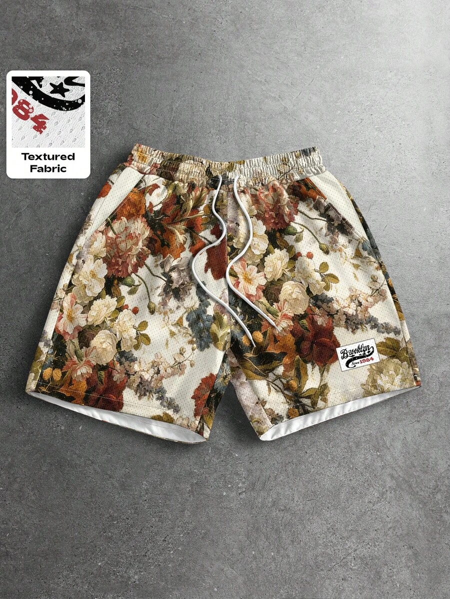 ROMWE MEN Street Life Pantalones cortos con estampado floral, cintura con cordón y bolsillos para hombre - Multicolor - Ver 1