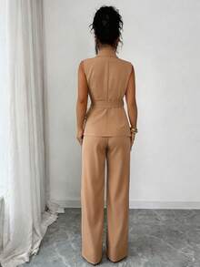Selianne Elegant Romantic Vacation & Office Bow-Tie Blazer Suit Set For Women Business Casual Woman 2 Pieces Set Yrack Suits For Ladies Suit For Women Formal Elegant Suit Sleeveless Blazer Set Women's Pant Suit - Khaki - View 2