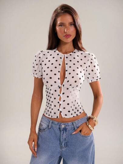 SHEIN BAE Women's Polka Dot Pattern Short Petal Sleeve Single-Breasted Blouse,New Arrival: White Polka Dot Chiffon Top, Unlined, Suitable For Various Occasions Such As Beach Vacations, Beach Trips, Beach Parties, Dates, Nightclubs, Picnics, Parties, Music Festivals, Brunch, Etc.