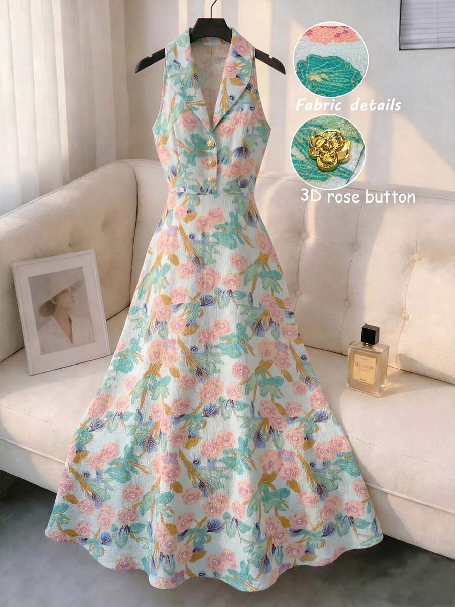 GlowEve 新款春夏女装“玫瑰故事”浪漫复古法式优雅收腰喇叭长连衣裙,饰有3D玫瑰花装饰,纽扣衬衫裙 - 薄荷綠 - 查看 1