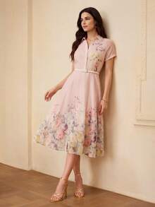 ZEYLAH 欧根纱花卉印花插肩袖喇叭下摆中长连衣裙，女士服装 - 粉色 - 查看 6