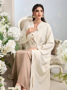 Al Najma 女款優雅波浪下擺長款阿拉伯式阿巴雅，極簡純色白色女用優雅阿巴雅 - 杏色 - 查看 7