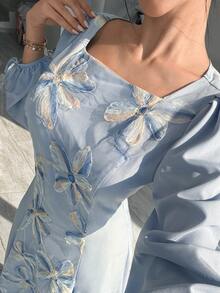 Yasmyna 女士优雅方领阿拉伯风格连衣裙 - 藍色 - 查看 2