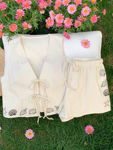 Comfortcana 女士V领无袖系带海洋生物印花两件套，夏季 - 杏色 - 查看 5