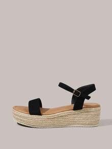 Styleloop Sandalias de cuña de plataforma casual de unicolor tejidas de moda para mujer, estilo bohemio de vacaciones, suela de lona vintage francesa, parte superior de franela, tacón de cuña, correa de tobillo, estilo occidental, ropa para festivales de música, zapatos de primavera y verano, primavera, Pascua - Negro 1 - Ver 3