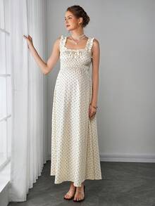 Momance 夏季女士波点蝴蝶结褶皱收腰青春荷叶边吊带摆裙 - 杏色 - 查看 6