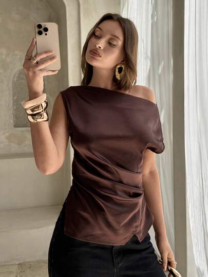 Aloruh Boat Neck Cap Sleeve Cropped Office Wear Women's Apricot Blouse