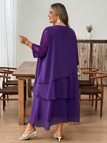 SHEIN CURVE+ 大码女式商务职业蓝色镂空袖蕾丝拼接荷叶边层叠中长连衣裙教师服教师裙秋季连衣裙蕾丝连衣裙四季皆宜 - 紫色 - 查看 2