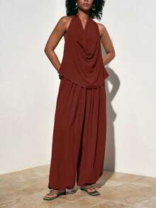 Zivah Women's Solid Color Halter Tie Top And Pleated Lantern Pants Casual Outfit,Vacation Outfits Women - Burgundy - View 5