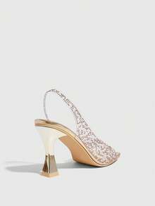 CUCCOO SZL Giày sandal nữ thời trang và quyến rũ, đế dày đính đá, màu vàng nhạt ánh ngọc trai, chất liệu TPU trong suốt, họa tiết đá, mũi vuông, kiểu dáng thoải mái, phù hợp cho các bữa tiệc, đám cưới, các dịp lễ hội, mùa xuân, hè và thu Giáng sinh. - Vàng nhạt - Xem 3