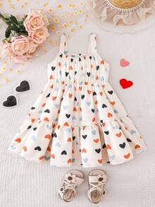 SHEIN 少女甜美可爱爱心印花层叠下摆吊带连衣裙，休闲夏季假日 - 彩色 - 查看 2