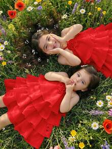 Babygirl Cute & Elegant Ruffle Floral Sleeveless Dress - Red - View 2