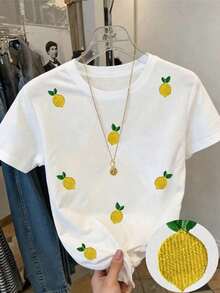 Tee-shirt décontracté à col rond et manches courtes pour jeune fille, imprimé numérique de citron. Confortable et à la mode pour le port quotidien en été, convient pour les voyages, plein de vitalité - Multicolore - Voir 5